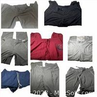 Collage of 10 pairs of athletic leggings and sweatpants in various muted colors including black, gray, blue, and red.