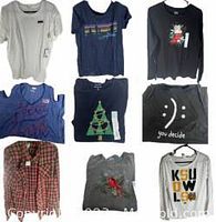 23 women's size Medium tees and blouses in varied styles and colors shown flat in two group photos