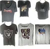 First image shows six women's XL short sleeve and long sleeve tees with various logos and graphics including Raiders, Bruins, and Bobcats.