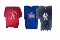 Three men's graphic t-shirts featuring sports logos hanging on horizontal bar: red Atlanta Braves, blue Chicago Cubs, dark gray New York Yankees.