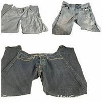 Photo showing three pairs of men's jeans in light gray, dark gray, and blackish denim styles, laid flat to display condition and design.