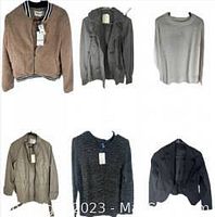 Seven women's jackets and sweaters displayed on hangers, variety of colors and styles, size large.