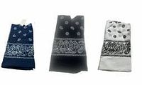 Three folded bandanas shown in navy blue, black, and white with classic paisley patterns.