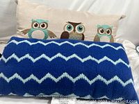 Blue lumbar pillow with white zigzag pattern, showing texture and pattern clearly