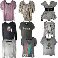 Image showing a set of 9 women's tops including tees and blouses in various colors and patterns, laid out on a light wooden floor.