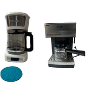 Full set showing Gourmia coffee maker with white and stainless steel accents, Mr. Coffee cappuccino maker in silver and black, and teal silicone mat.