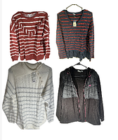 Four women's sweaters and jackets hanging on hangers, showing striped and solid color designs