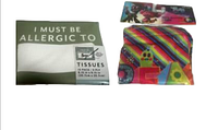 Two different items: a pack of 3-ply tissues with text on the packaging and a colorful Trolls-themed neck gaiter for kids.
