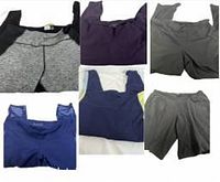 Collage of athletic leggings in assorted colors including grey, purple, blue, showing fabric texture and waistband details