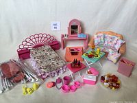 Complete assortment of Barbie furniture and accessory sets arranged for listing including bed, vanity, couch, camping items