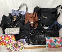 Photo showing collection of various women's purses and bags arranged with a wooden ruler for scale