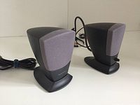 Pair of small computer speakers with black base and gray mesh front captured from an angle
