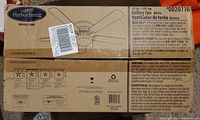 Box for Harbor Breeze Builder's Series ceiling fan, showing size, safety & installation info, and compliance labels.