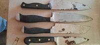 Photo showing four large knives with blades up to 12 inches, two with riveted solid handles, two with black plastic handles, all with visible rust and storage dirt