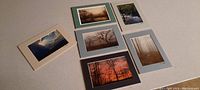 Overview photo showing all six original matted photographs by Tom Clark with different pastel mats, various nature scenes visible.