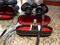 Carl Wetzlar 8x40 binoculars displayed with open black leather case, red interior, and attached neck strap.