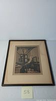 Full view of framed 20th century art engraving showing study room interior with furniture and window.
