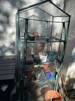 Front view of small portable greenhouse showing green metal frame, clear plastic cover with zipper, and shelves filled with plant pots and gardening containers.