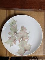 Top view of round porcelain plate showing leaf design and size