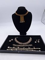 Full view photo showing black display bust with gold-tone mesh choker necklace with seven dangling chain tassels each ending in a multicolored bead, along with a black tray containing multiple necklaces, bracelets, and pairs of earrings arranged neatly.