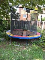 Full view of the trampoline outdoors under a tree, showing the black safety net and multi-colored padding around the circular frame.
