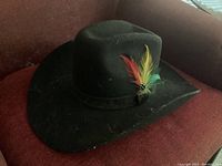 Photo of the full black felt cowboy hat showing shape and feather decoration on the band.