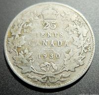 Reverse side of the 1930 Canadian 25 cents silver coin featuring the denomination, year, crown, and maple leaves.