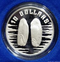 Close-up of coin reverse showing emperor penguin design and denomination 10 DOLLARS.