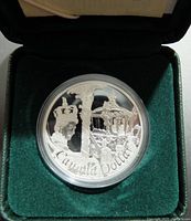 Close-up of 2002 Canadian silver commemorative coin showing detailed scene and 'Canada Dollar' text, housed in a green velvet-lined hinged display case.