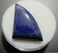 Close-up of triangular deep blue lapis lazuli gemstone with gold flecks on white foam pad inside round container.