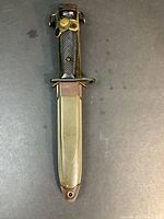Front view of the bayonet in the M8A1 scabbard showing black handle, metal crossguard, olive drab scabbard with metal throat and canvas hanger attached.