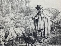 Close up photo of shepherd with sheep and a dog etching showing detailed line work.