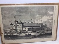 Close-up photo of a Harper's Weekly page showing a large building with horse-drawn carriages in front, black and white engraving.