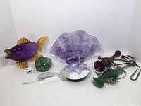 Full set of 6 art glass decor pieces including fish, clamshell bowl, mirror, apple, and two hanging bud vases