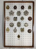 Full view of all 19 Canadian military cap badges on pegboard in wooden frame.