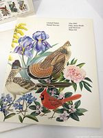 Cover showing 1982 Fifty State Birds and Flowers mint set featuring naturalistic illustrations of birds and flowers, includes a visible quail, cardinal, iris, and other flora.