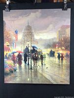 Full view of "God Shed His Grace on Thee" print showcasing rainy city street scene with horse and carriage, American flags, and period-dressed figures.