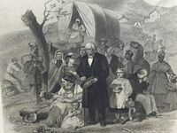 Detailed view of an etching depicting settlers with covered wagon and group of people, illustrating historical scene from United States history.