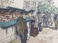 Close-up of the etching showing vendors along the riverbank with Notre-Dame Cathedral in the background, demonstrating the artwork's delicate linework and color.