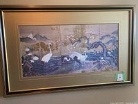 Full view of large framed Japanese art print with cranes by the river and a blossoming tree, measuring approximately 44x27
