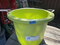 Photo of a large green plastic tub with a wide rim and two white rope handles on opposite sides.