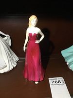 Front view of Royal Doulton Abigail porcelain figurine wearing red gown, holding clutch, showing facial features and dress details.