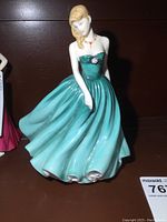 Front view of Royal Doulton Sarah figurine in teal gown showing detailed facial features and dress with pink flower on bodice.