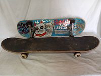Two skateboards displayed, one showing the colorful lucky cat graphic deck and the other showing the natural wood deck with trucks visible.