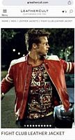 Screen capture from leathercult.com showing the Fight Club leather jacket worn by Brad Pitt's character from a front angle with arms open.