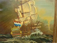 Close-up of the ship oil painting showing detailed sails and waves with Dutch flag.