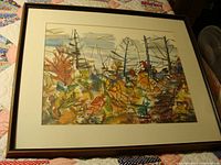 Full view of framed print depicting an autumn scene with abstract tree lines and colorful foliage