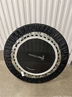 Photo showing full view of circular fitness trampoline with padded cover and springs cropped under cover.