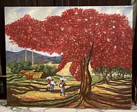 Full view of the 24x30 oil painting of a large red flamboyant tree with figures underneath, set on a landscape background.