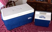 Closed view of blue and white Igloo Legend cooler and smaller Little Playmate lunchbox side by side on a table